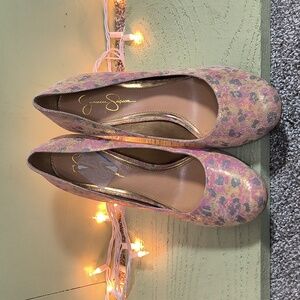 Women's Jessica Simpson Pink Gold Shimmer Leopard Print 4" Round Toe Heels